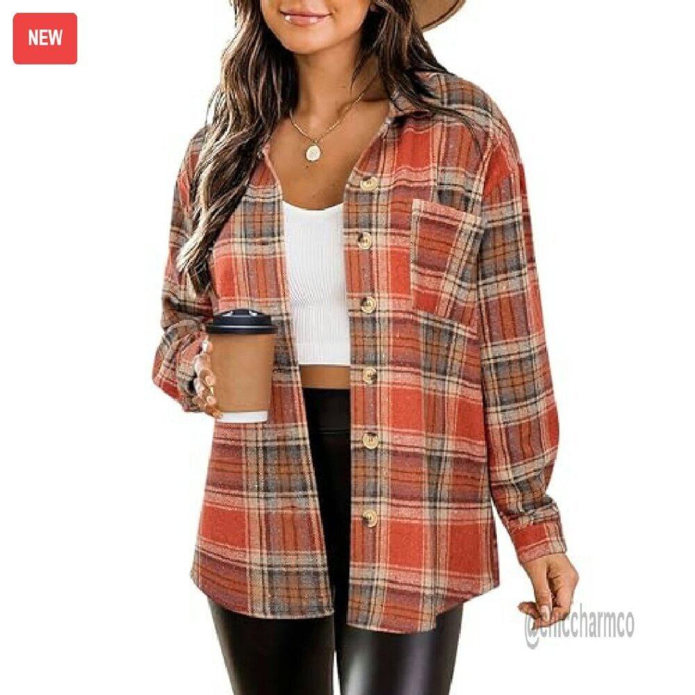 Flannel Shacket Jacket Button Down Long Sleeve Shirt Fall Outfits - Picture 2 of 8